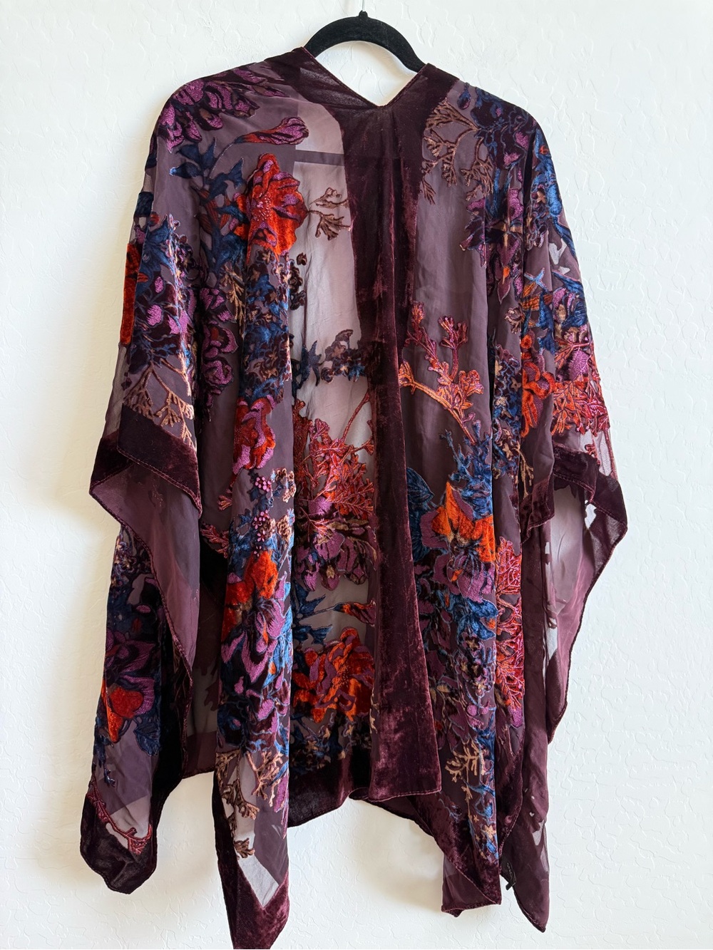 SAACHI Floral Velvet Burnout Kimono Ruana Sheer Duster Cardigan Burgundy One Siz